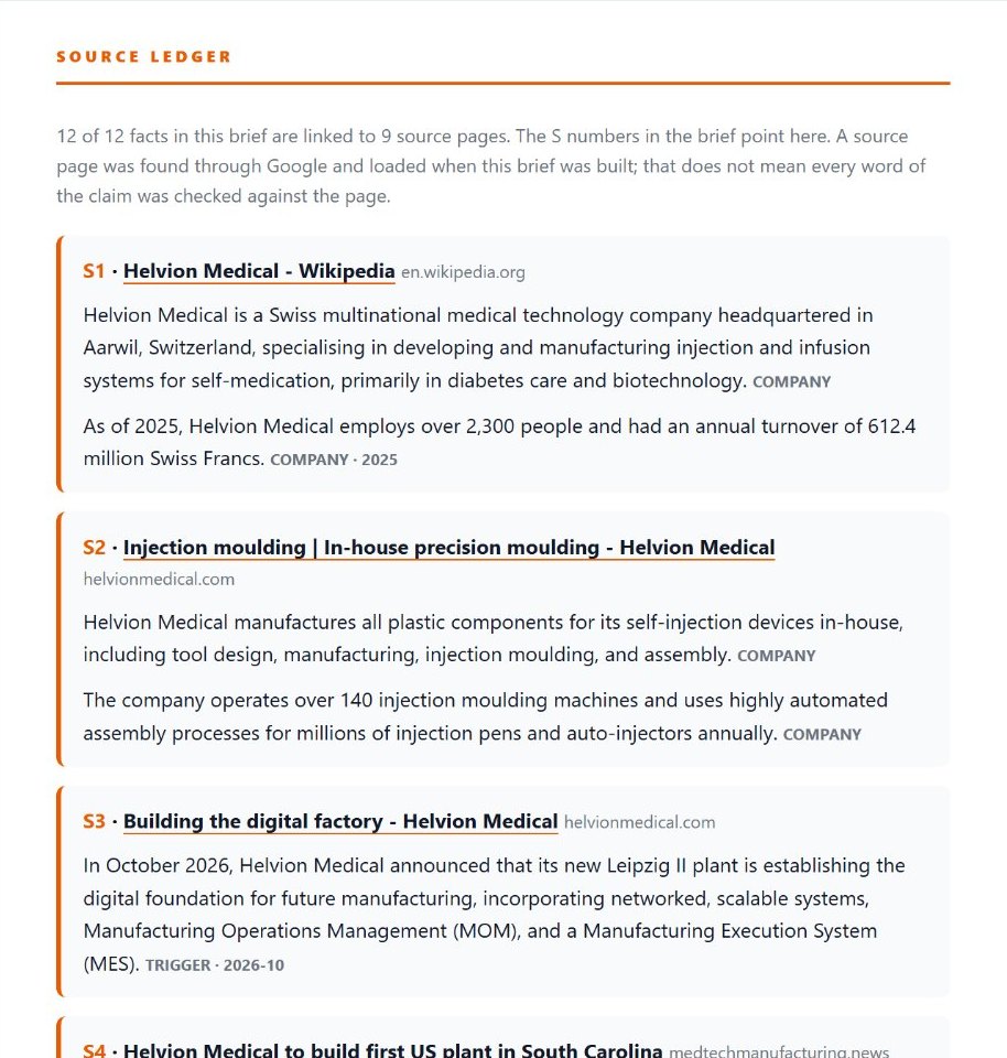 The source ledger of the same sample brief, listing each fact with the page it came from.